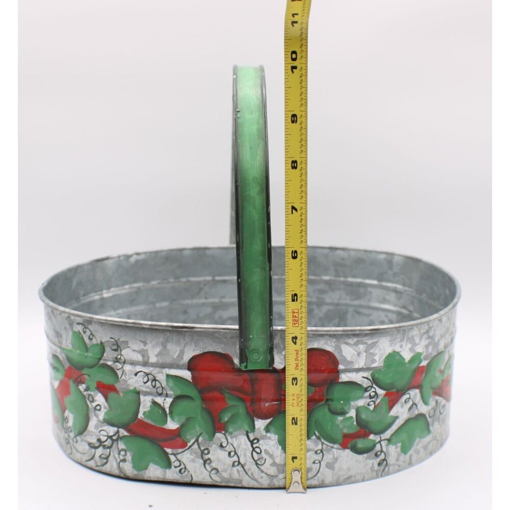 Hand-Painted Galvanized Tin Basket Handle Red Green Floral Design Decor Vintage - Picture 7 of 8